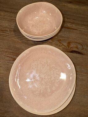 Anthropologie Blush Pink melamine Plate and Bowl Set for 4